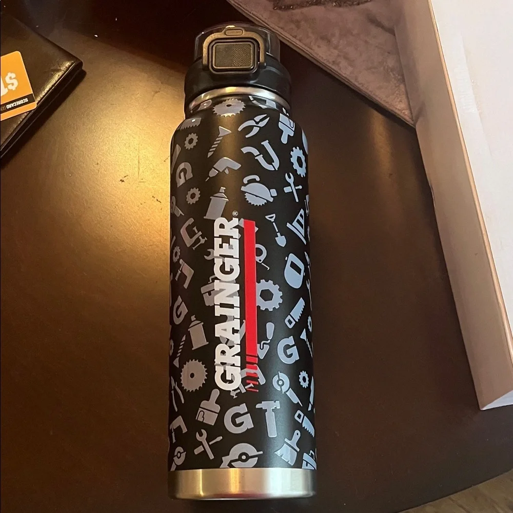 Grainger Logo Stainless Insulated Water Bottle - Black with Gray Icons NWT